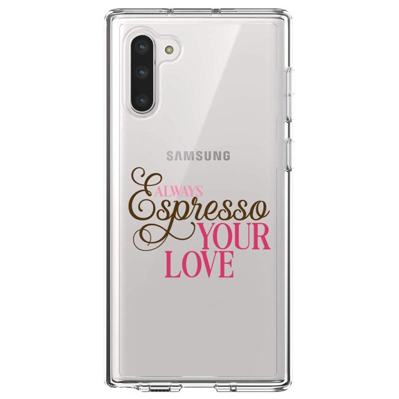 DistinctInk Clear Shockproof Hybrid Case for Samsung Galaxy Note 10 (6.3" Screen) - TPU Bumper Acrylic Back Tempered Glass Screen Protector - Always Espresso Your Love