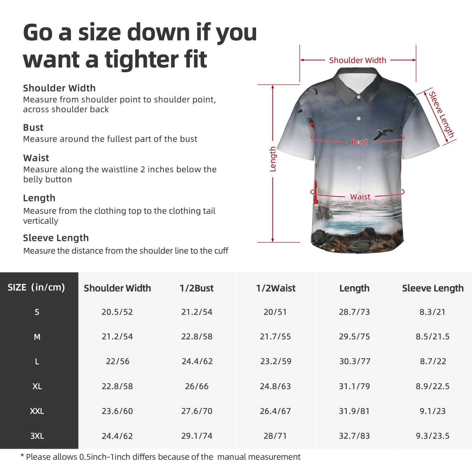 Kuqiui 3d Lighthouse in the Surf Pattern Men's Casual Button-Down Shirts Hawaiian Shirt Short Sleeve-X-Large