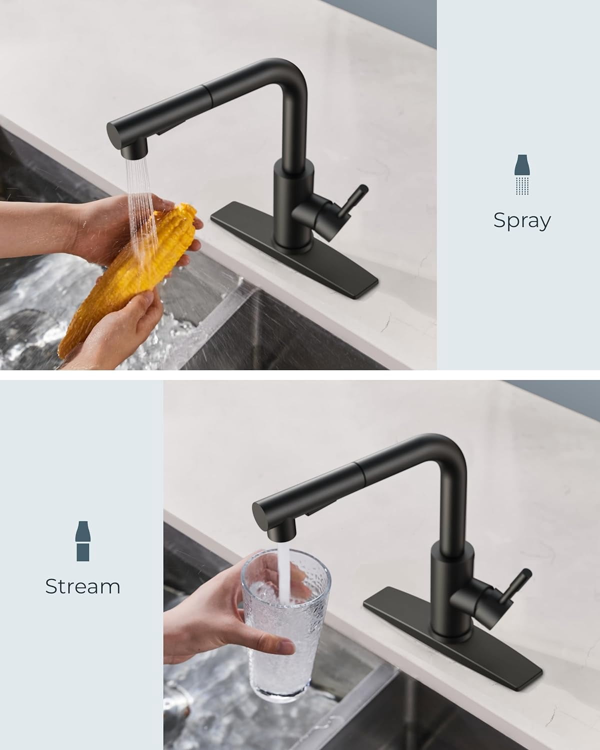 Kitchen Faucet Black, Kitchen Sink Faucets with Pull Down Sprayer, Commercial Pull Out Kitchen Faucet for Sink 1 or 3 Hole, Single Handle Stainless Steel Sink Faucet for Bar RV LaundryOutdoor