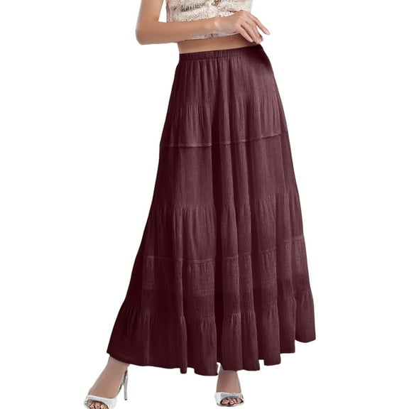 RUTAYY Women Chiffon White Flowy Maxi Skirts Boho Summer Elastic Waisted Pleated A-Line Long Skirt Solid Color Flowy Swing Pleated Beach Skirts