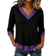 thumbnail image 5 of Warop Women's Summer Color Block V Neck 3/4 Sleeve Top Contrast Cuff Hem Casual Loose Tee Blouse for Daily Outing, 5 of 9