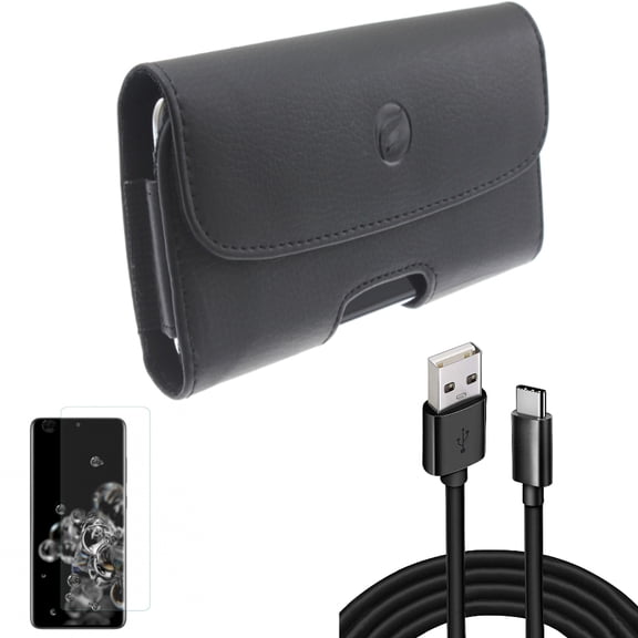 Case Belt Clip w Screen Protector w 10ft USB Cable for Samsung Galaxy S20 Ultra - Leather Holster Cover, Tempered Glass [Fingerprint Unlock] 3D Curved Edge, Type-C Charger Cord fits Galaxy S20 Ultra