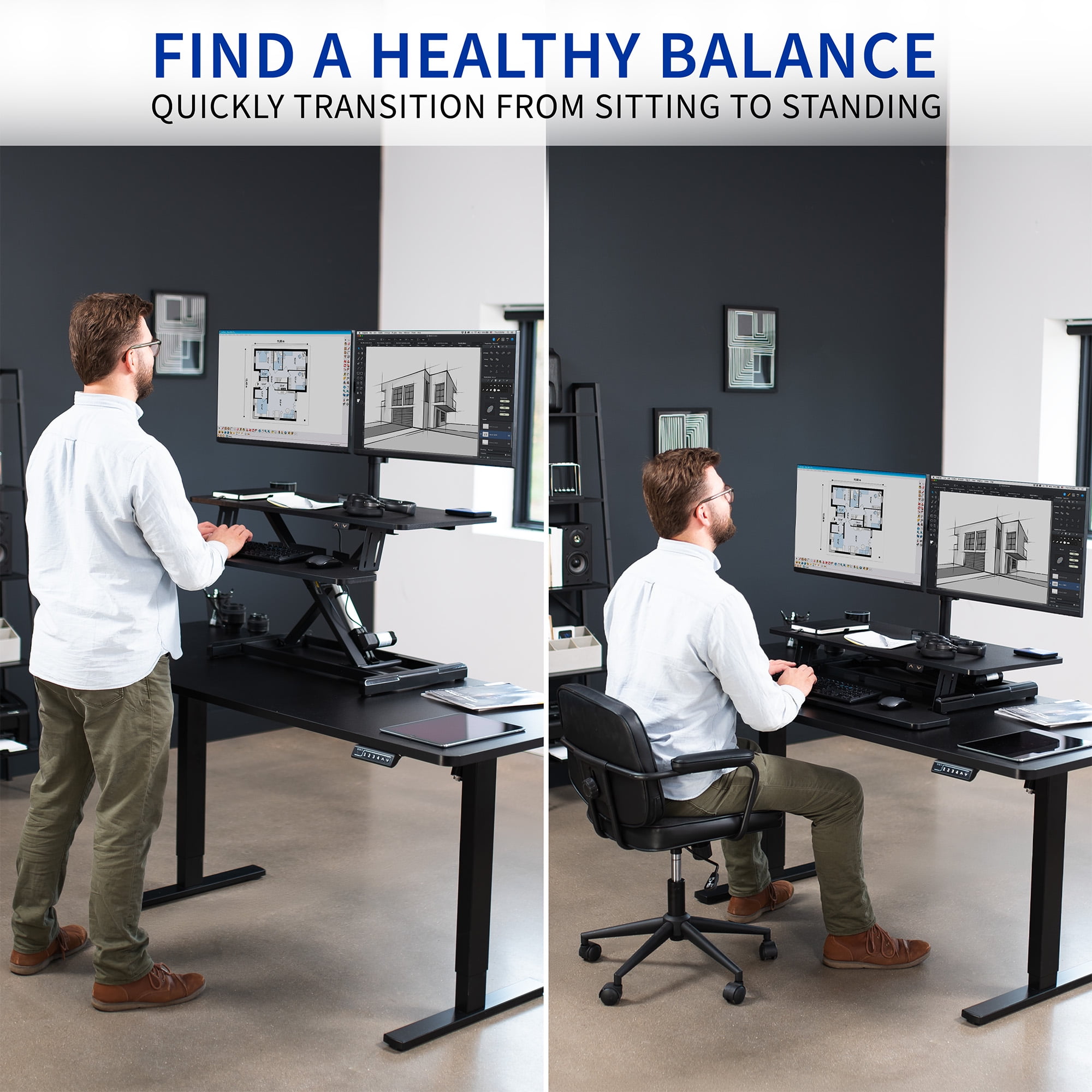 VIVO Black 36" Electric Desk Riser with Dual Monitor Arm for up to 30" Screens