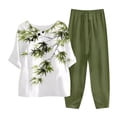 thumbnail image 1 of Fgnfyis Ensemble Décontracté pour Femmes, Imprimé, Col Rond, Boutons, Manches Trois-Quarts, Pantalon, 2 Pcs, Vert_005 TTG, 1 of 3