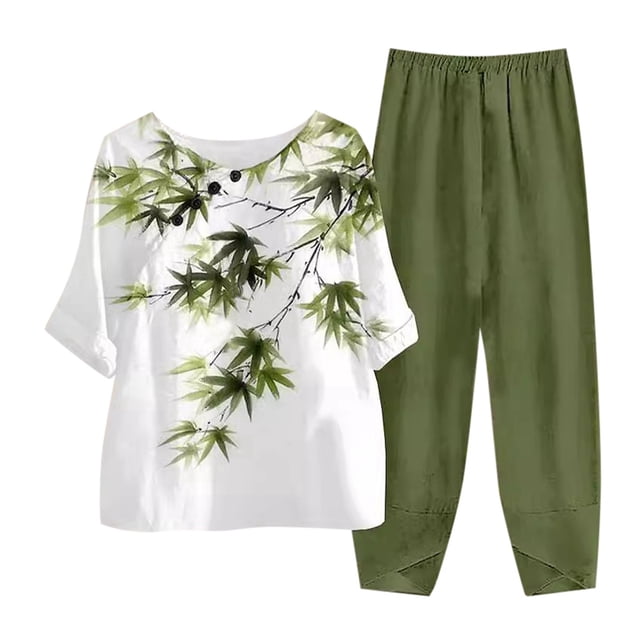 Fgnfyis Ensemble Décontracté pour Femmes, Imprimé, Col Rond, Boutons, Manches Trois-Quarts, Pantalon, 2 Pcs, Vert_005 TTG