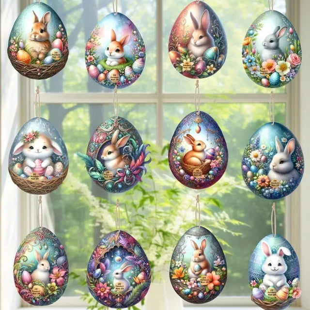 CaiYueKe 12 Pcs Easter Bunny Egg Hanging Ornaments Acrylic Holiday Decorations Wall Hanging Home Decor Spring Party Supplies Gift for Easter Basket Stuffers