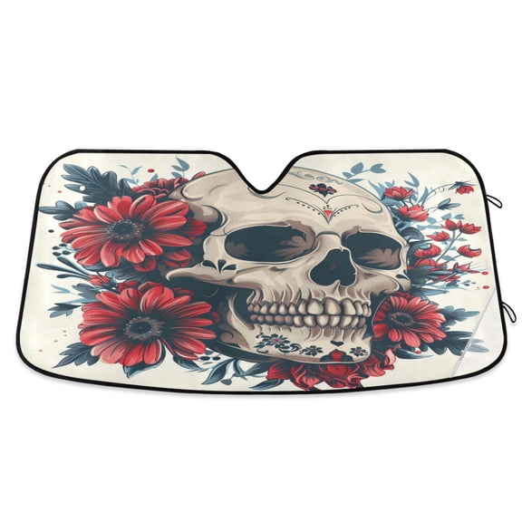 Skull and Flowers Car Windshield Sun Shade Foldable Car Front Window Visor Heat and UV Protection 53x23.5