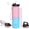 thumbnail image 1 of czcpp-32 oz Bouteille d'Eau de Sport Isolée en Acier Inoxydable avec Bec Paille Grand Couvercle Double Paroi Réutilisable Étanche avec Sangle (Rose Bleu 3 Couvercles), 1 of 4
