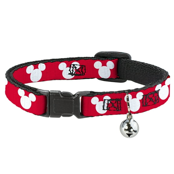 Disney Breakaway Cat Collar With Bell, Plastic Clip, Easy Adjustable, Mickey Mouse Ears Icon Red White, 8.5 to 12 Inches 0.5 Inch Wide