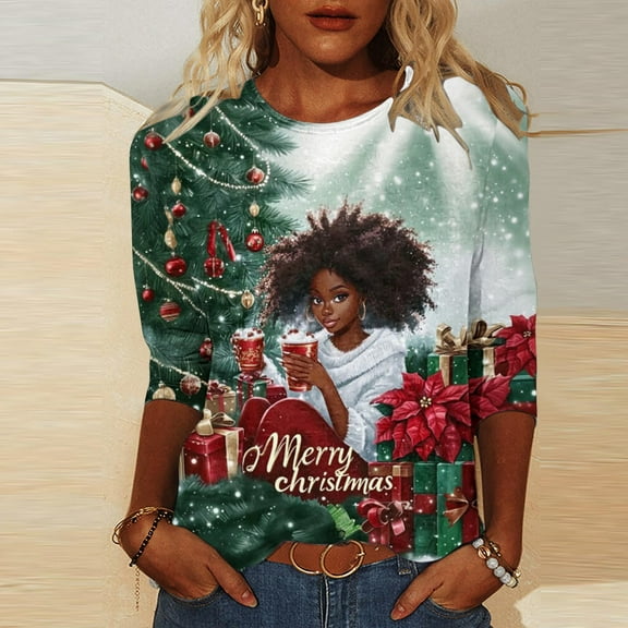 Womens Tops Christmas Print 3/4 Sleeve Round Neck Three Quarter Sleeve Loose T-shirt,Tops for Women Multicolor M