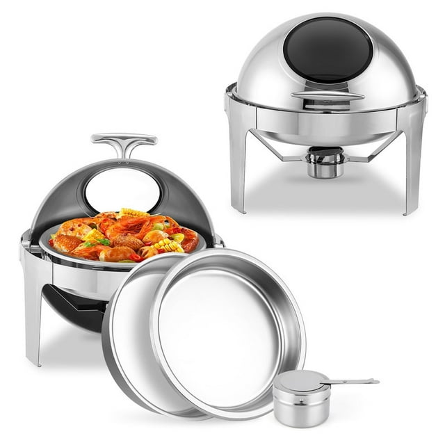 Ensemble de Buffet à Dessus Roulé en Acier Inoxydable 6,34 Qt avec Couvercle en Verre, Réchaud pour Traiteur, Fêtes et Événements – Service de Buffet Rond avec Porte-Carburant et Bac à Eau