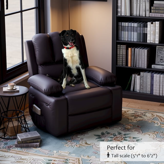 360 Degree Swivel Recliner with Heated Massage, PU Leather Lounge Sofa with Cup Holders and Storage Pocket, Modern Single Seat for Living Room Bedroom Home Theater