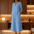 thumbnail image 5 of Womens Solid Color Maxi Dresses Casual Loose Fit V Neck 3/4 Sleeve A Line Linen Long Dress Light Blue, 5 of 7