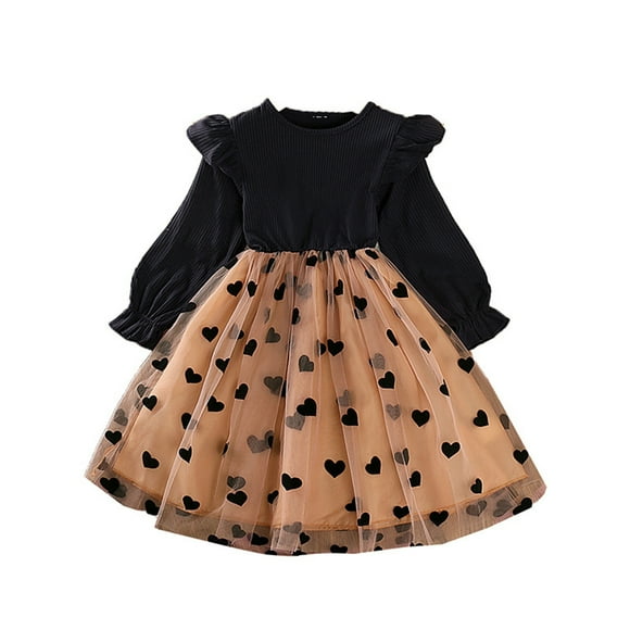 Zanarzt Toddler Kids Baby Girls Christmas Dress Kids Toddler Baby Girl Clothes Long Sleeve Ribbed Mesh Tulle Tutu Heart Print Dress Causal Princess Dress Black,3-4 Years
