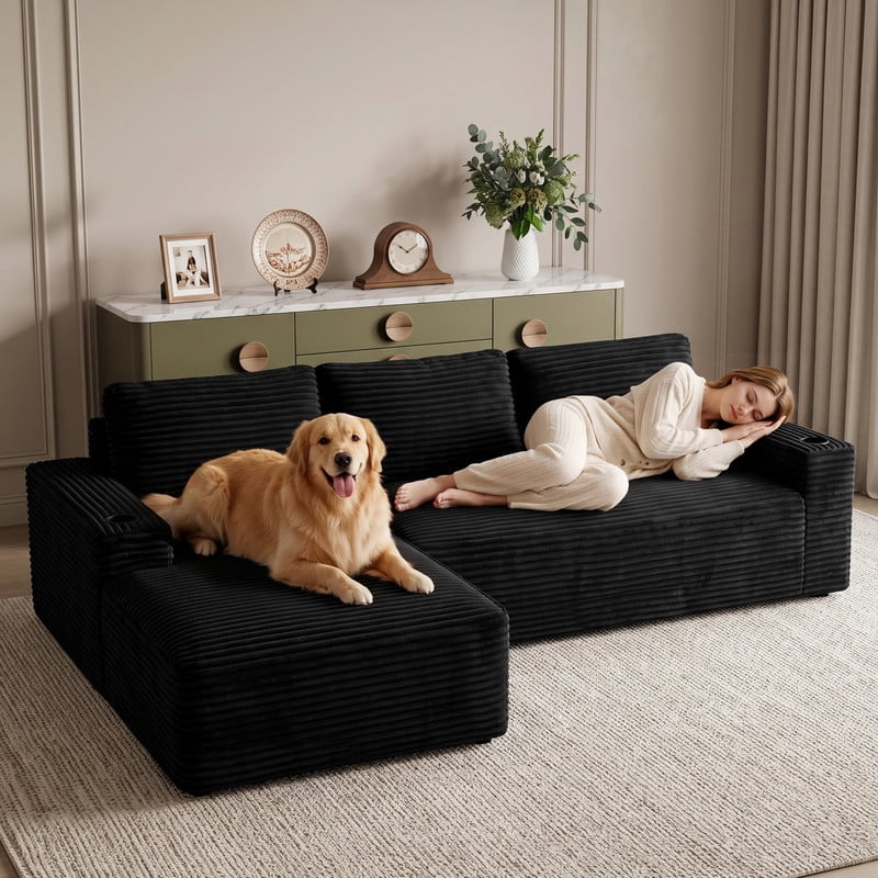 Anpport 104" Boneless Cloud Modular Sectional Couch, Corduroy Sofa with Cup Holders, Side Pockets, Deep Seat, No Assembly Required for Living Room, Black (L‑Shaped, Left Facing Chaise)