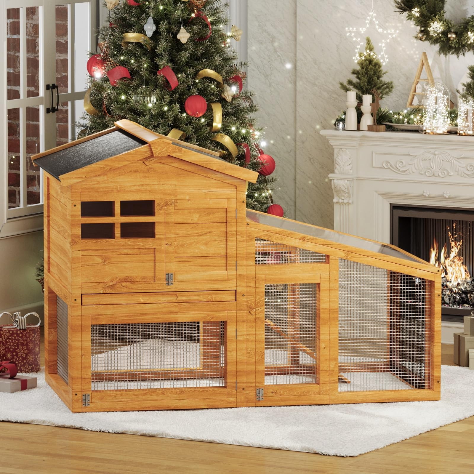 Huisuilinss Wooden Rabbit Hutch,Large Rabbit Cage ChickenCoop Expandable With Pull Out Trays,Chew-Proof Ramp & Waterproof Roof,Small Animal Habitat For Indoor And Outdoor