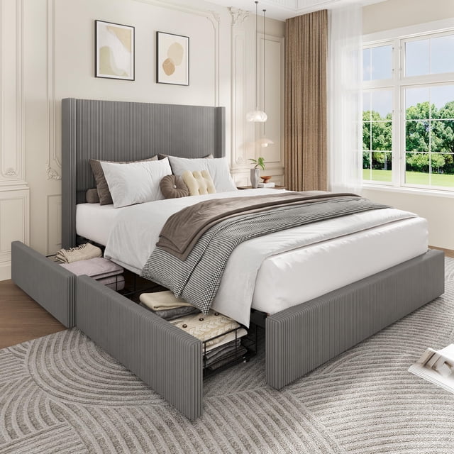 Yiwa Cream White Queen Upholstered Platform Bed, Storage Drawers Included, Wingback with Tufted Headboard and Footboard, Easy Assembly, No Box Spring Required