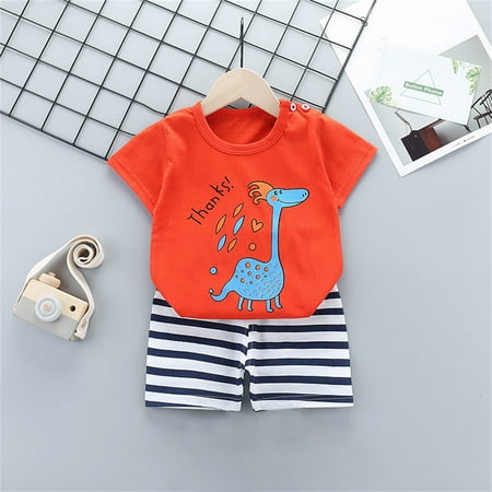 

Cartoon Print Home Wear Two Pieces Sets for Toddler Kids Baby Boys Casual Short Sleeve Round Neck Shirt Top and Striped Print Shorts Cute Pajamas Sets