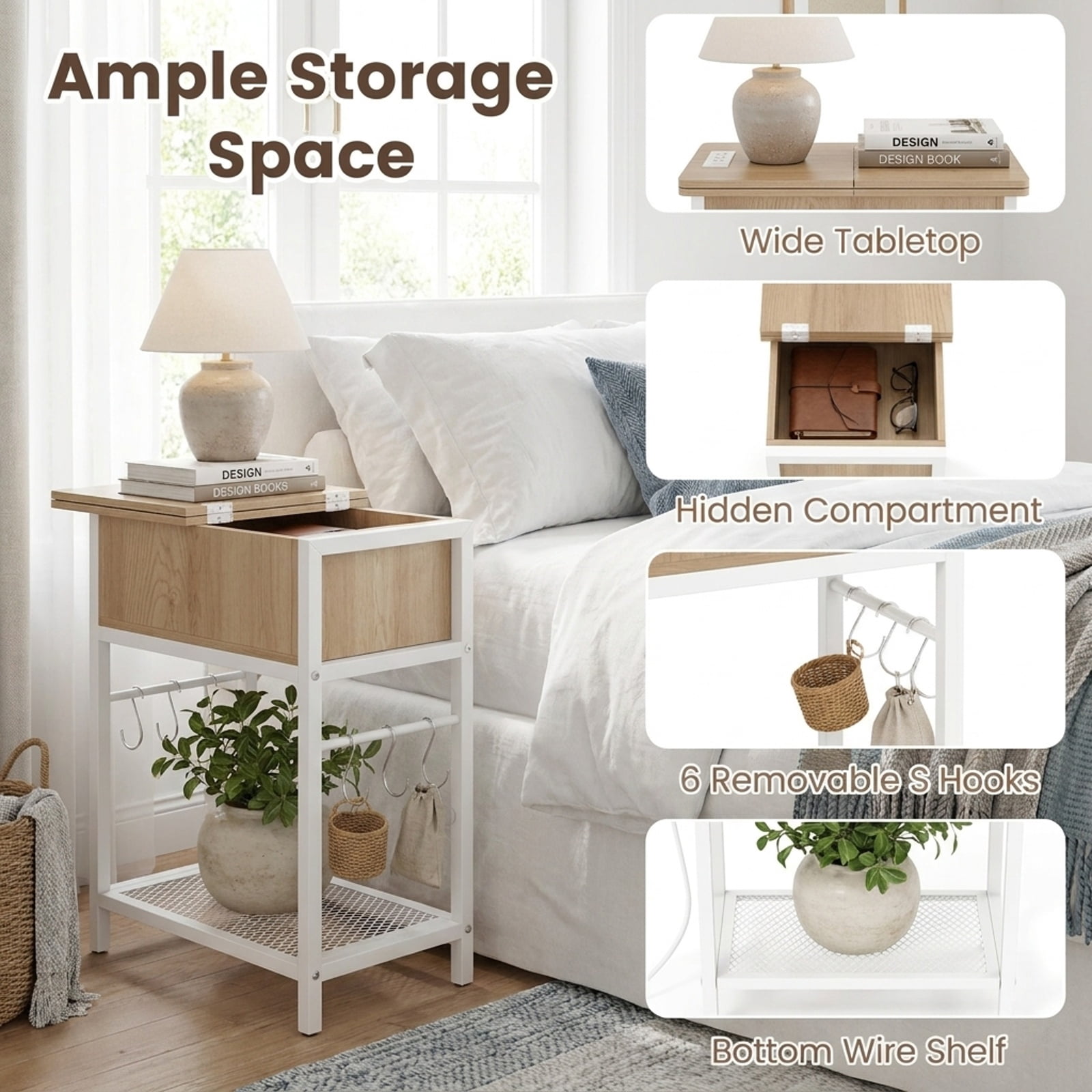Furnibear End Table with Charging Station USB Ports Outlets and Flip Top Hidden Compartment for Living Room Bedroom and Sofa Side, Natural