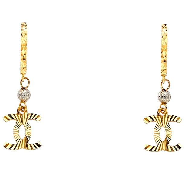 Ioka - 14K Yellow Gold Diamond Cut Chanel CC Logo Drop Fancy Hanging Hinged Earrings Ioka - 14K Yellow Gold Diamond Cut Chanel CC Logo Drop Fancy Hanging Hinged Earrings
