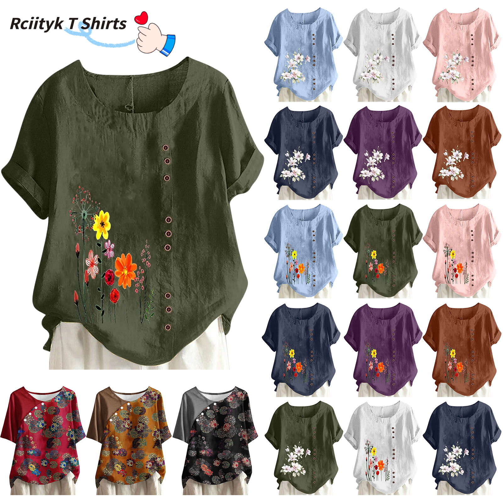 Rciityk Women's Summer Short Sleeve Tops Plus Size Cotton Linen Crew Neck T Shirts Casual Loose Printing Tees Blouses