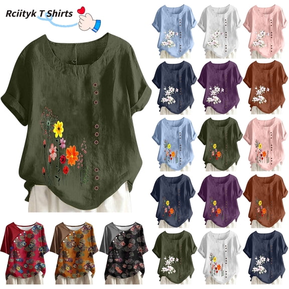Rciityk Women's Summer Short Sleeve Tops Plus Size Cotton Linen Crew Neck T Shirts Casual Loose Printing Tees Blouses