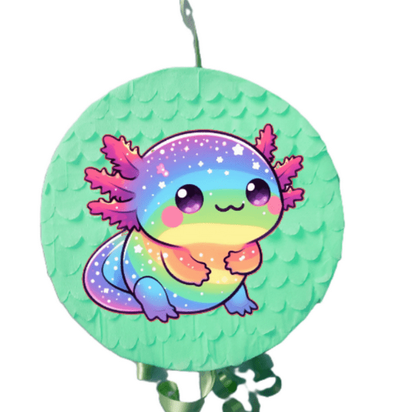 Rainbow Axolotl Pinata, cute multicolor design on green background, round pinata