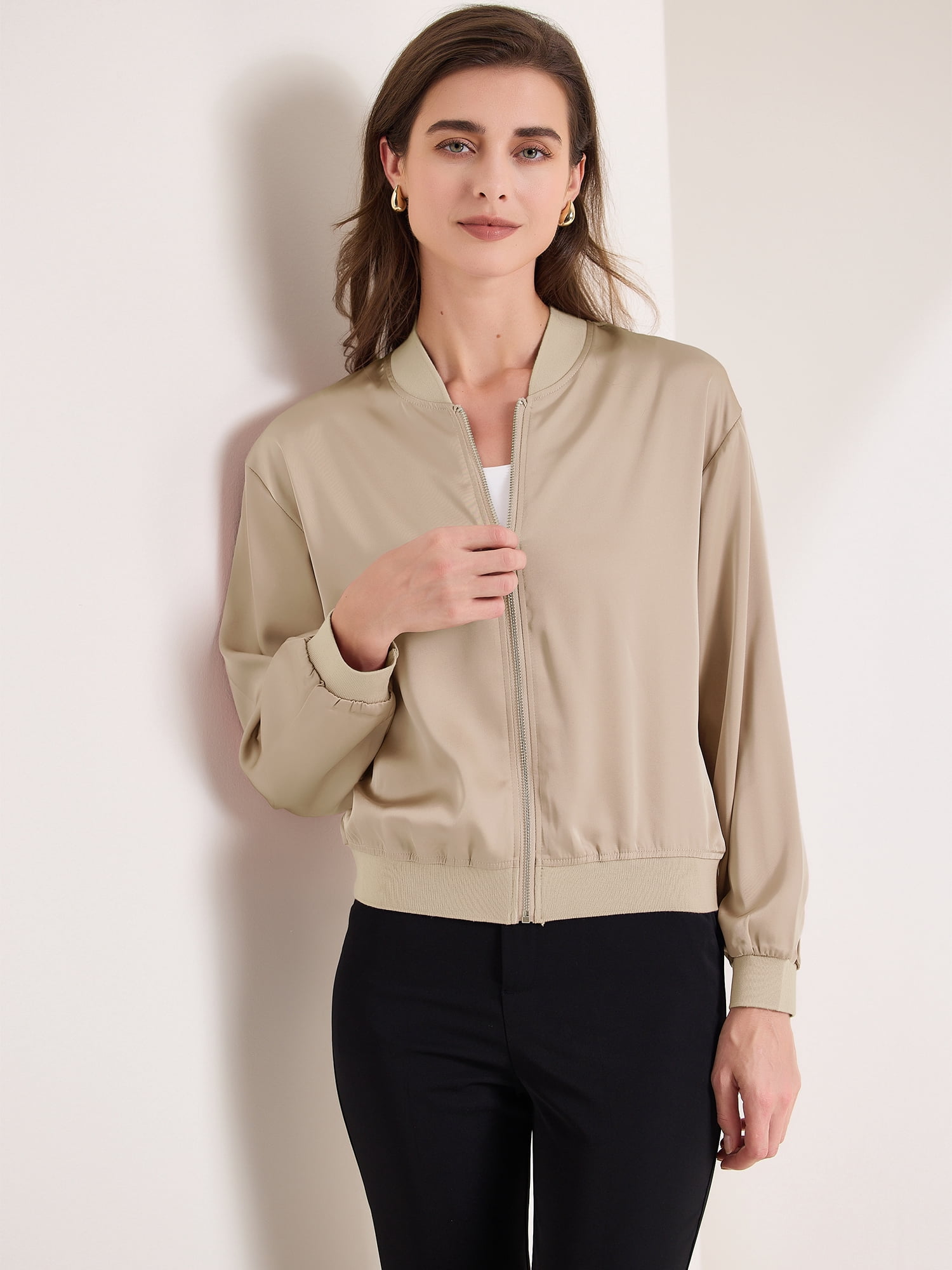 DARING DIVA Zip Up Coat Long Sleeve Outerwear  Lightweight Top S Champagne