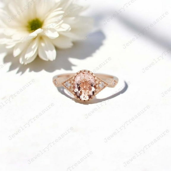 JEWELRYTREASURE 8x6 mm / 1.75 Ct Morganite Engagement Ring Rose Gold Plated Promise Ring CZ Diamond Statement Jewelry Oval Cut Gemstone Ring Anniversary Gift for Wife