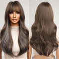 thumbnail image 4 of Peluca rizada ondulada larga marrón con flequillo, cabello sintético suave Natural ajustable, pelucas de fiesta diarias para mujeres, resistente al calor, 4 of 4