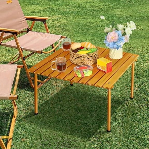 Portable Folding Roll-Up Camping Picnic Table, Natural Wooden Surface, with Carrying Bag, Foldable Design, Suitable for Outdoor, Beach, Party & Small Gatherings (4-6 People)