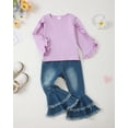 thumbnail image 2 of 5T Baby Girls Clothes 6T Girls 2PCS Denim Outfits Set Solid Color Round Neck Little Girls Long Sleeve Top Pants Set Purple, 2 of 8