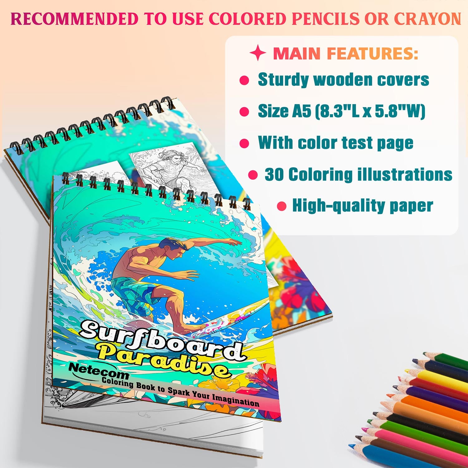 Netecom Surfboard Paradise Coloring Book for Adults, A5 Wooden Cover, 30 Beautiful Coloring Pages of Surfing Lifestyle for Stress Relief and Relaxation, Spiral Bound Edition