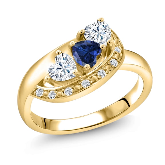 18K Yellow Gold Plated Silver Blue Created Sapphire and White Moissanite and White Created Sapphire Engagement Ring for Women (1.02 Cttw, Gemstone September Birthstone, Heart Shape 4MM, Size 8)