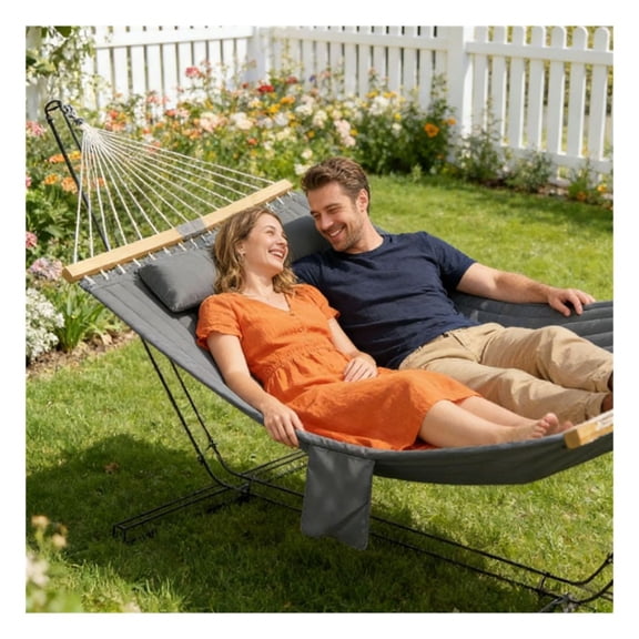 Double Hammock with Pillow, 440lbs Outdoor Quilted Hammock, Beech Wood Spreader Bar, Portable Camping Hanging Bed for Patio Yard