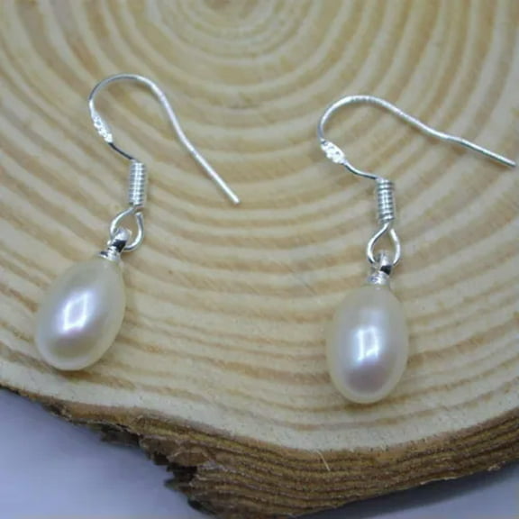 K-KED Genuine 7-8mm Freshwater Pearl 925 Silver Hook Drop/Dangle Earring Gift
