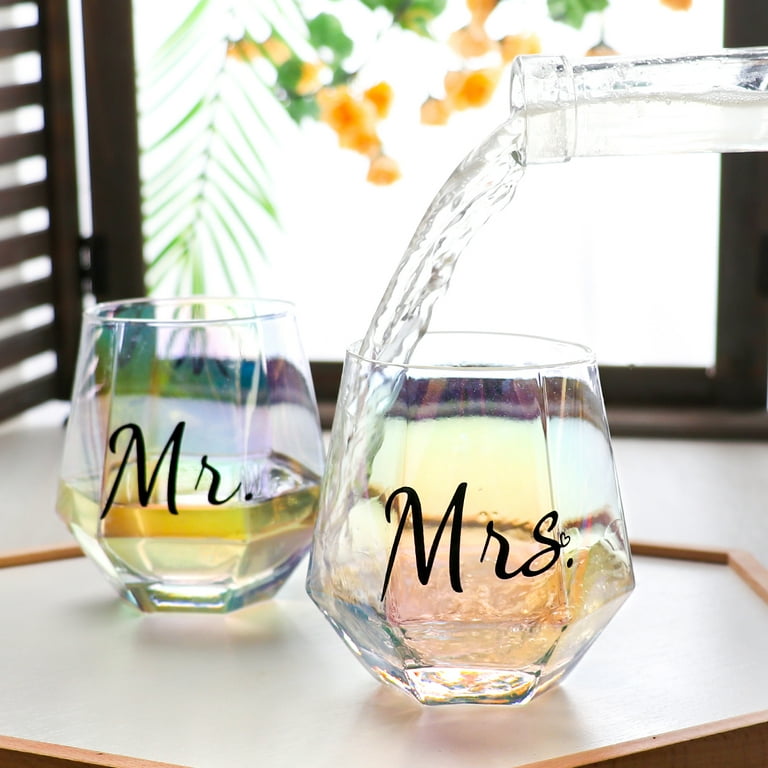 Quyimy Mr and Mrs Wine Glasses Set of 2 Wedding Gifts, Engagement Gift, Iridescent Diamond Shaped Wine Glasses for Couples Gifts, Unique Colorful