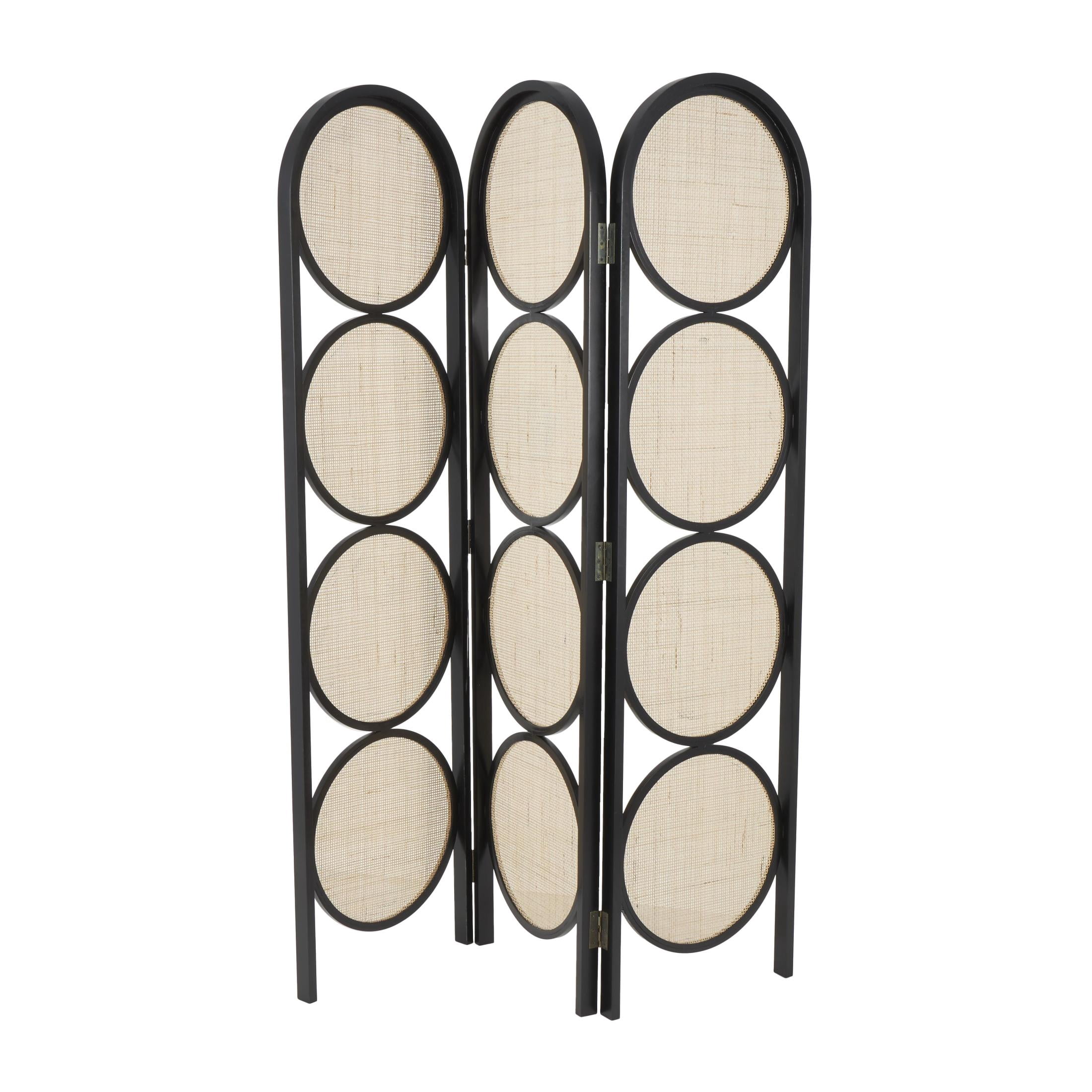 DecMode 55" x 71" Black Wooden Geometric Handmade Arched Foldable 3 Panel Room Divider Screen with Woven Cutouts, 1-Piece