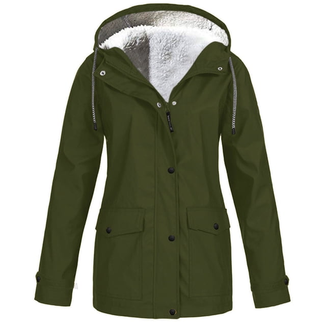 Women's Plus Size Solid Hooded Raincoat Outdoor Windproof Thickened Jacket Coat for Cold Weather