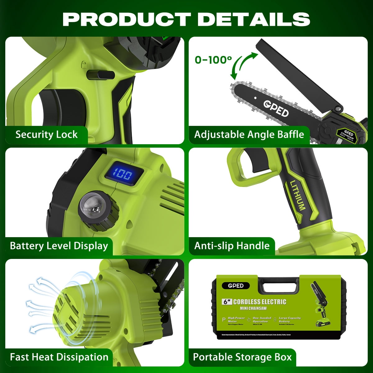 GPED Mini Chainsaw Cordless 6 inch with 2 Battery, Mini Power Chain Saw with Security Lock, Electric Chainsaw, Handheld Small Chainsaw for Tree Trimming Wood Cutting, Green