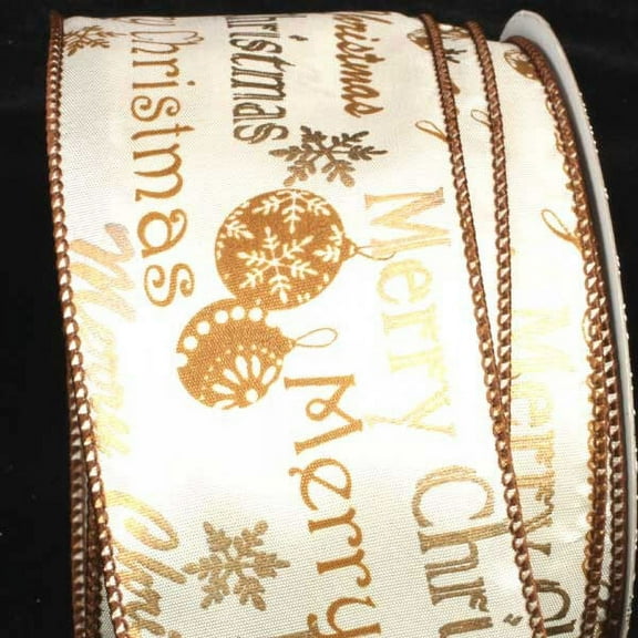 The Ribbon People Gold and White Merry Christmas Wired Craft Ribbon 2.5" x 40 Yards