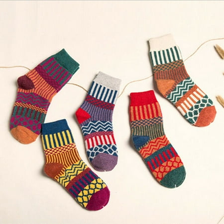 

5 Pairs Women Girls Thicken Thermal Wool Cashmere Casual Sports Winter Hiking Socks Casual Print Multicolor Stockings
