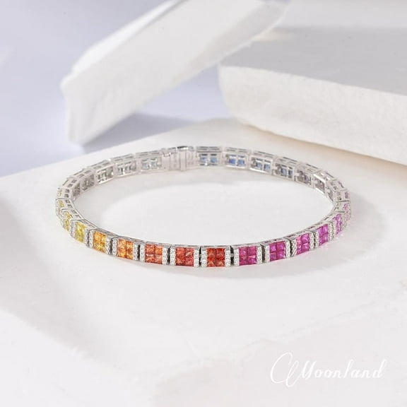 Rainbow Sapphire Bracelet Silver Gold Multicolor,wedding Anniversary Gift for women