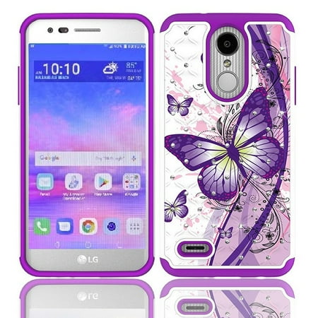 Smartphone Printer Case LG Rebel 4 Case, AT&T Prepaid LG Phoenix 4 Case, Phone Case for Straight Talk LG Rebel 4 Prepaid Smartphone, Studded Rhinestone Diamond Bling Cover Case (White-purple butterfly) ()