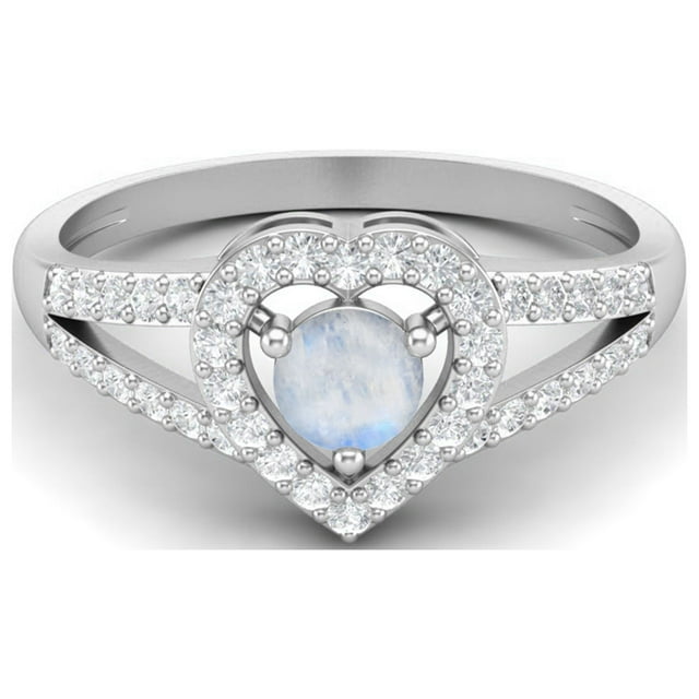Bague de Mariage pour Femmes en Argent Sterling 925 avec Tige Fendue en Forme de Cœur et Pierre de Lune Ronde de 1,05 Cts