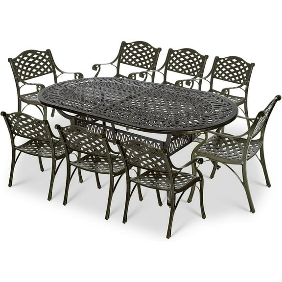 VIVIJASON 9-Piece Outdoor Dining Set, All-Weather Cast Aluminum Retro Patio Dining Set, Include 8 Chairs and an Oval Table with Umbrella Hole for Balcony Lawn Garden Backyard