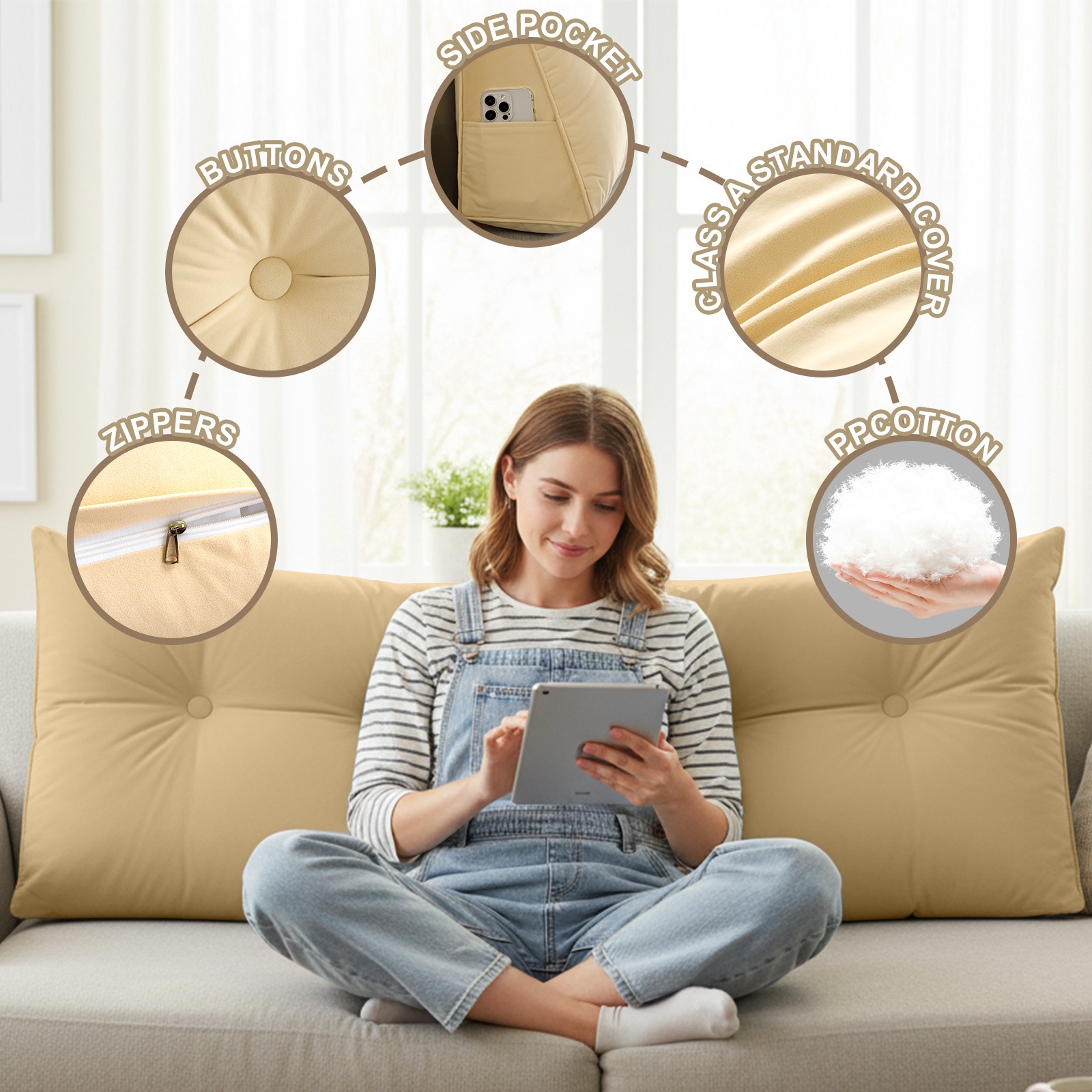 ANMINY Soft Fleece Headboard Pillow - High Elastic Pearl Cotton Filling, Removable Cover, Side Pocket, Ideal for Bed & Sofa Back Support