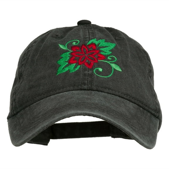 Christmas Poinsettia Flower Embroidered Washed Dyed Cap - Black OSFM