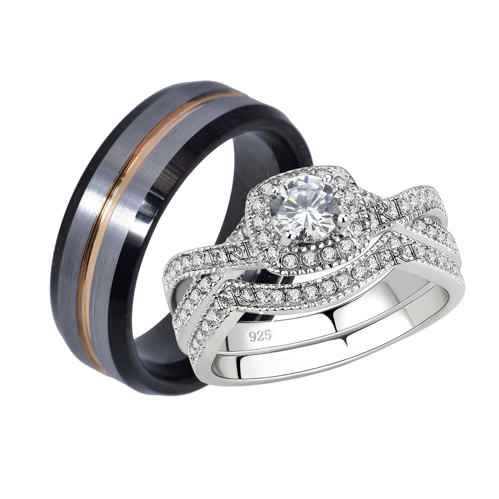 Tungsten 8 mm Band & 925 Sterling Silver Twisted CZ Wedding Anniversary Ring Set 