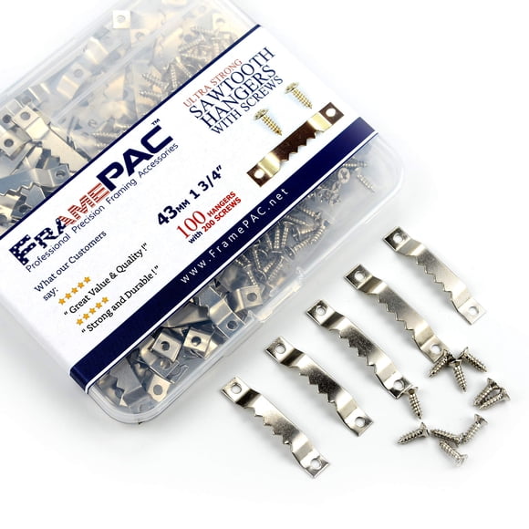 FramePac Perchas para cuadros con dientes de sierra de 1 5/8 pulgadas [paquete de 100] con tornillos – (también conocido como hardware para colgar cuadros, ganchos para colgar cuadros, ganchos para co